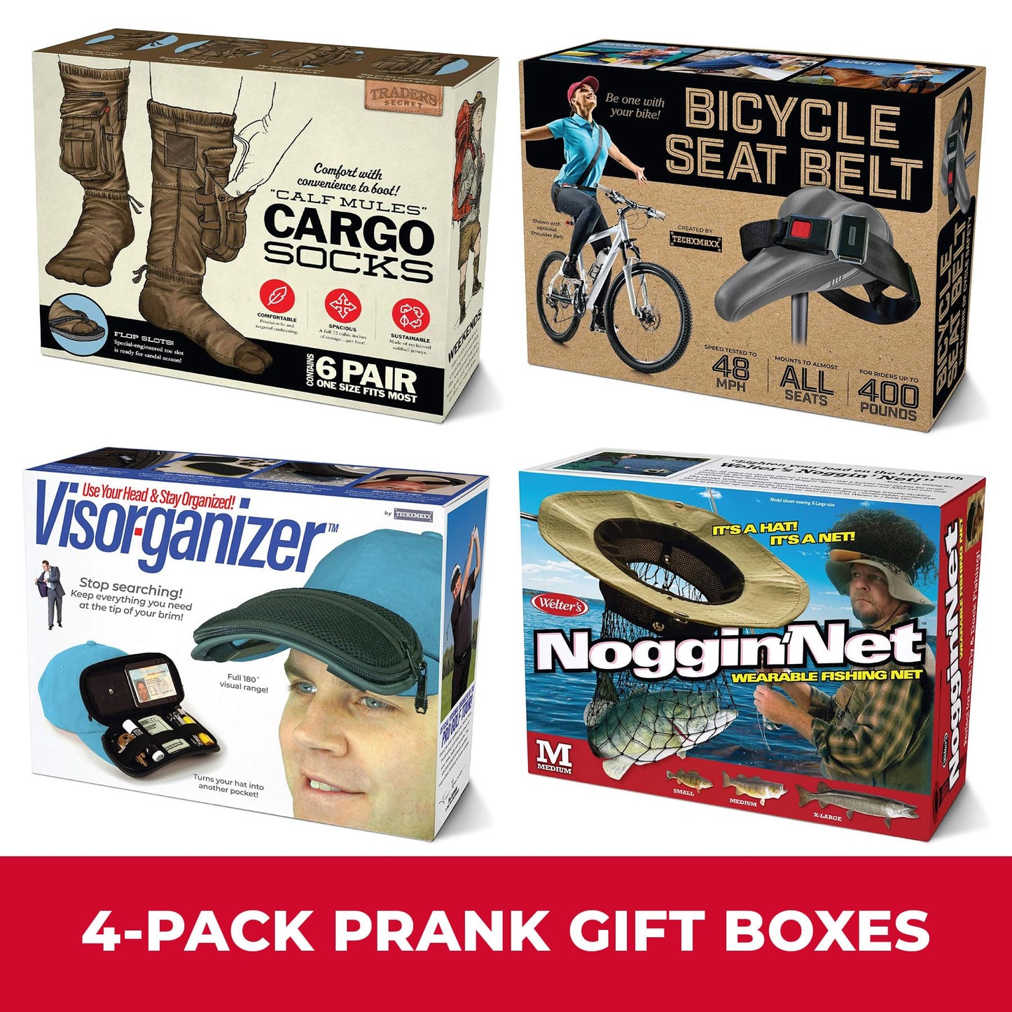 Prank Pack Prank Gift Box Bundle Set, 4 Unique Gift Boxes, Wrap Your Real Present in a Funny Authentic Prank-O Gag Present Box, Medium-Sized Novelty Gifting Box for Pranksters, Holiday Gifting