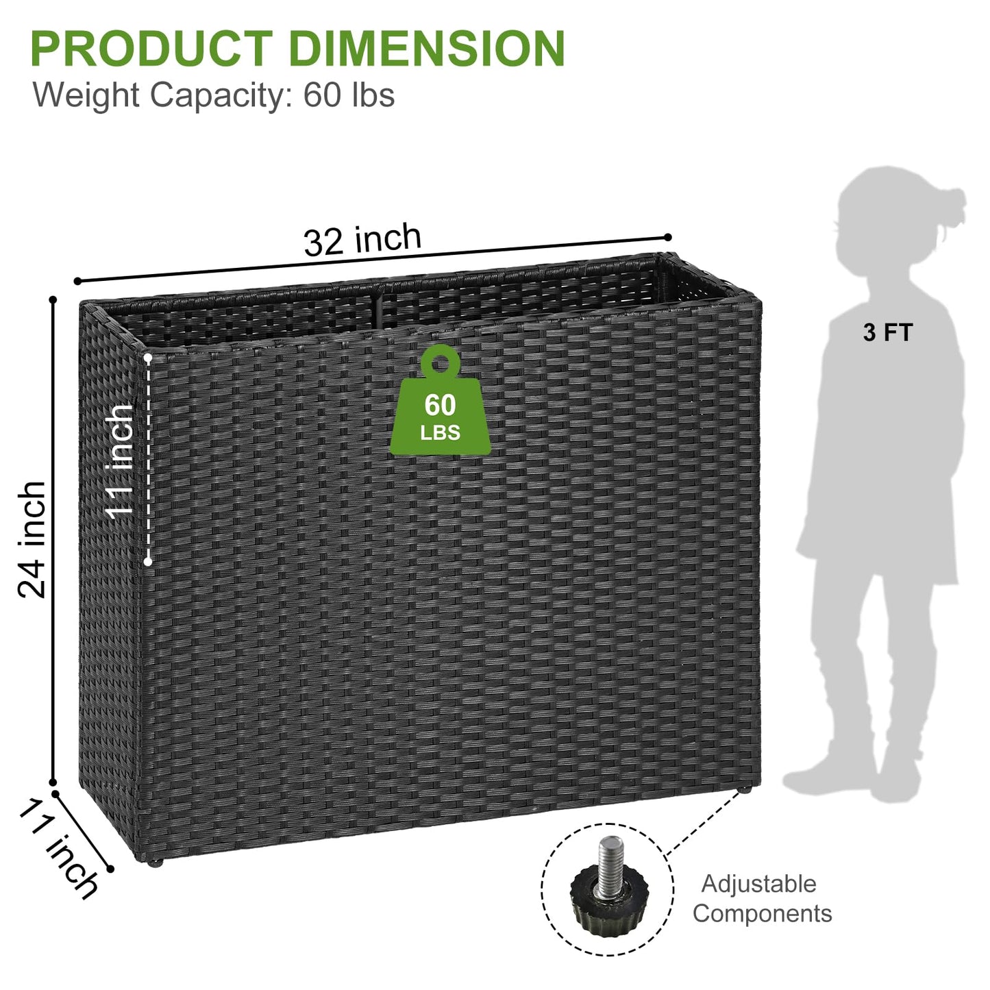 LEWIS&WAYNE Tall Planters for Outdoor Plants Handmade Wicker Large Rectangular Block Planter Box with Removable Liners Modern Planter for Indoor Outdoor Patio Deck - Black