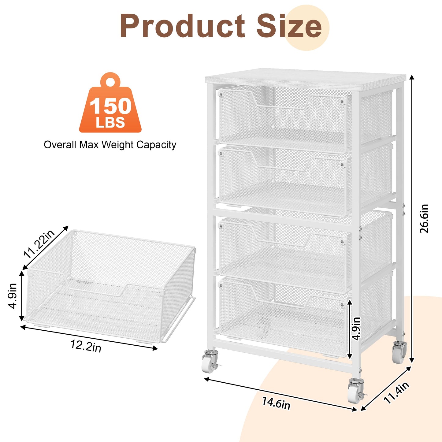 4-Drawer Rolling Storage Cart, Utility Cart with Drawers, White Metal Craft Cart Organizer with Wheels & Wooden Top, Art Supply Storage Organizer for Classroom, Office, Kitchen,Patent Pending