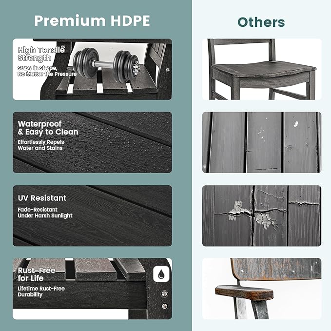 Pamapic 5-Piece Outdoor Dining Set, HDPE Outdoor Rectangular Table and 4 Chairs, Wood Grain Patio Furniture Sets with Armrest, All-Weather Patio Dining Table with Umbrella Hole, Black