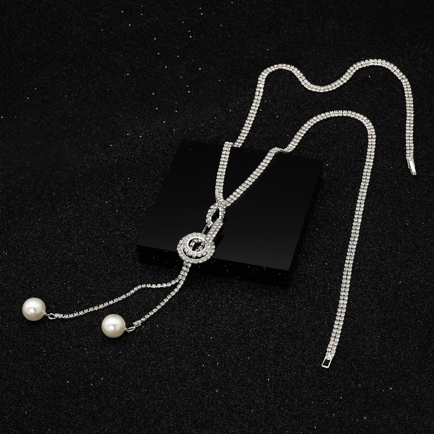 Suyi Trendy Crystal Long Necklace All-Match Style Shining Clothing Sweater Chain Pearl Silver 2