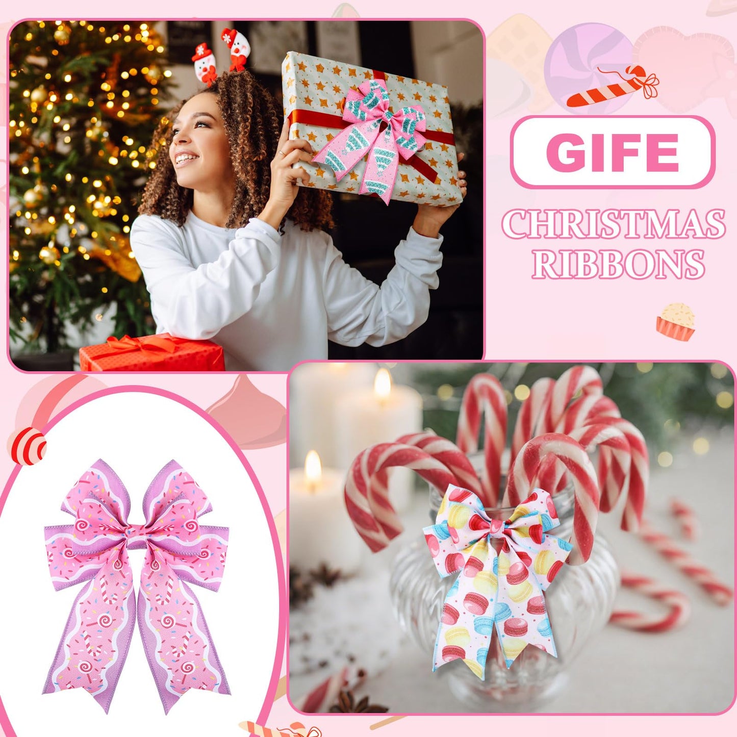 5 Roll 30 Yard Pink Christmas Candy Ribbon Wired 2.5 in Fabric Candy Pastel Christmas Wired Edge Ribbon for Xmas Tree Decorations, Gift Wrapping Wreath DIY Making Bow Crafts