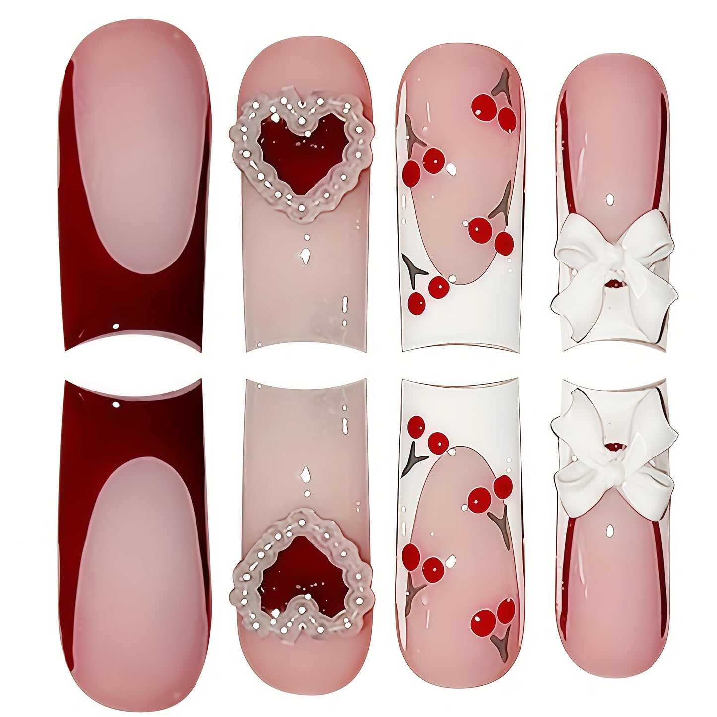 Long Press on Nails Square Fake Nails White Acrylic Nail Press Ons Seeneey Bow and Cherry Designs Cute Stick on Nail for Women 24pcs