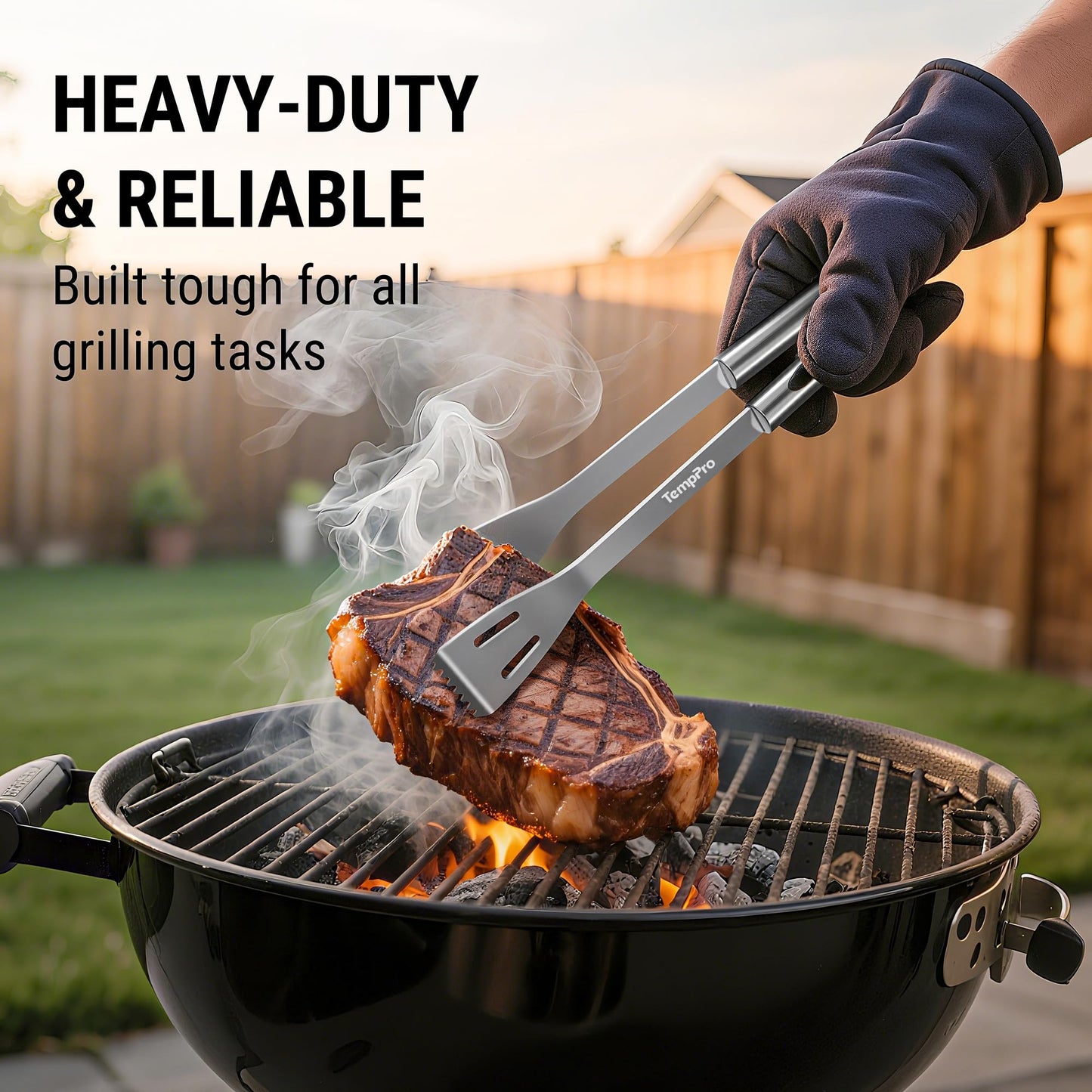 TempPro Grilling Accessories Grill Set with Spatula, Fork, Brush & Tongs, Heavy Duty Stainless Steel Grill Tools for Camping Burger, BBQ Accessories for Men Dad Him (Previously ThermoPro)