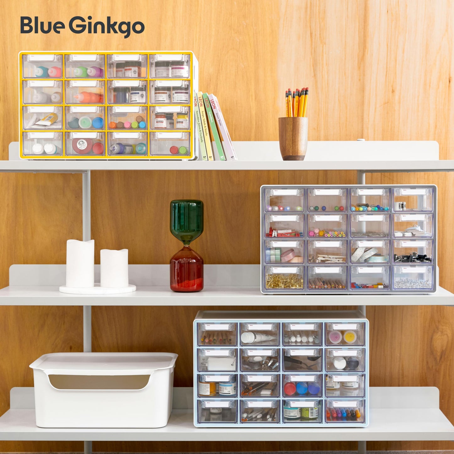 Blue Ginkgo Medium 16-Drawer Cabinet – Stackable Clear Organizer for Hardware, Beads, Plastic Bricks, Office, and Craft Storage (Made in Korea, Gray)