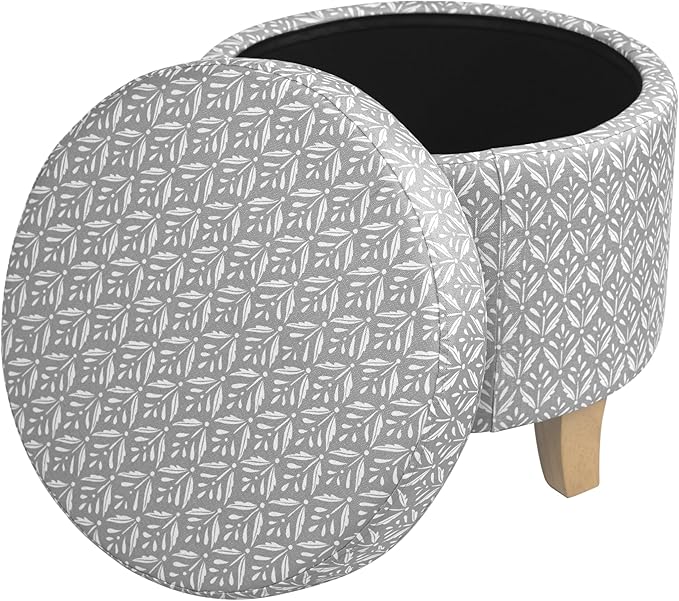 HomePop Upholstered Round Storage Ottoman Home Décor|Upholstered Round Foot Rest Ottoman - Light Grey Print Large