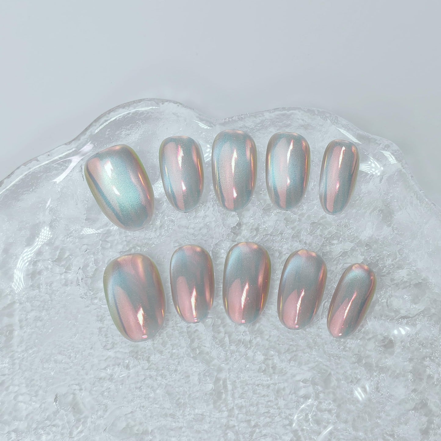 Cat Eye Press on Nails Handmade Short Oval/Square/Round False Nails with French Tip/Aurora/Magnetic Shimmer Designs (Aurora#Sunset River, Small)