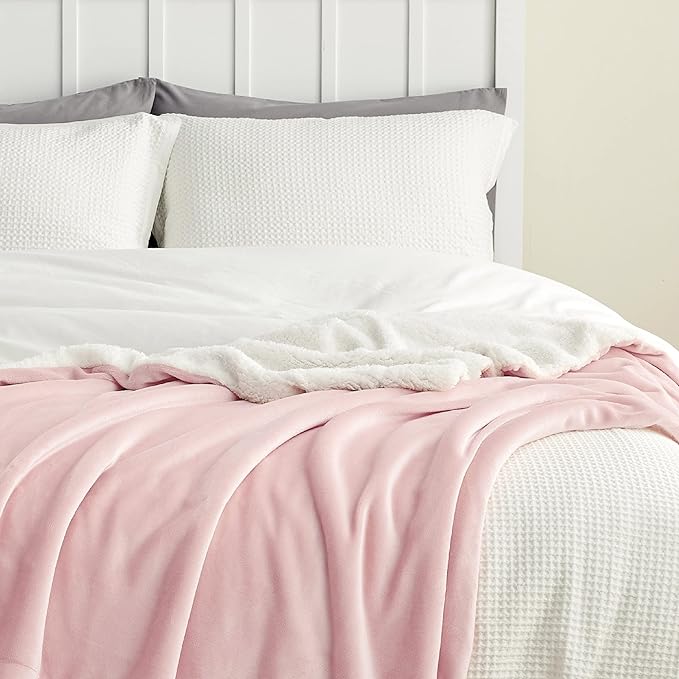 Bedsure Sherpa Fleece Blankets Queen Size for Bed - Thick and Warm, Soft Fuzzy Plush Queen Blanket for Winter, Pink, 90x90 Inches
