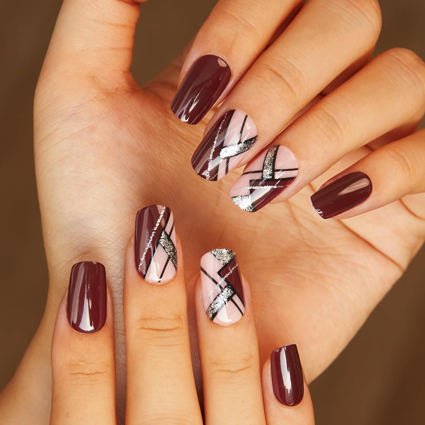 CurvLife Press on Nails Short Square Pink Brown False Acrylic Fake Nails with Apricot Design Full Cover Glossy Nude Artificial Stick on Nails for Women