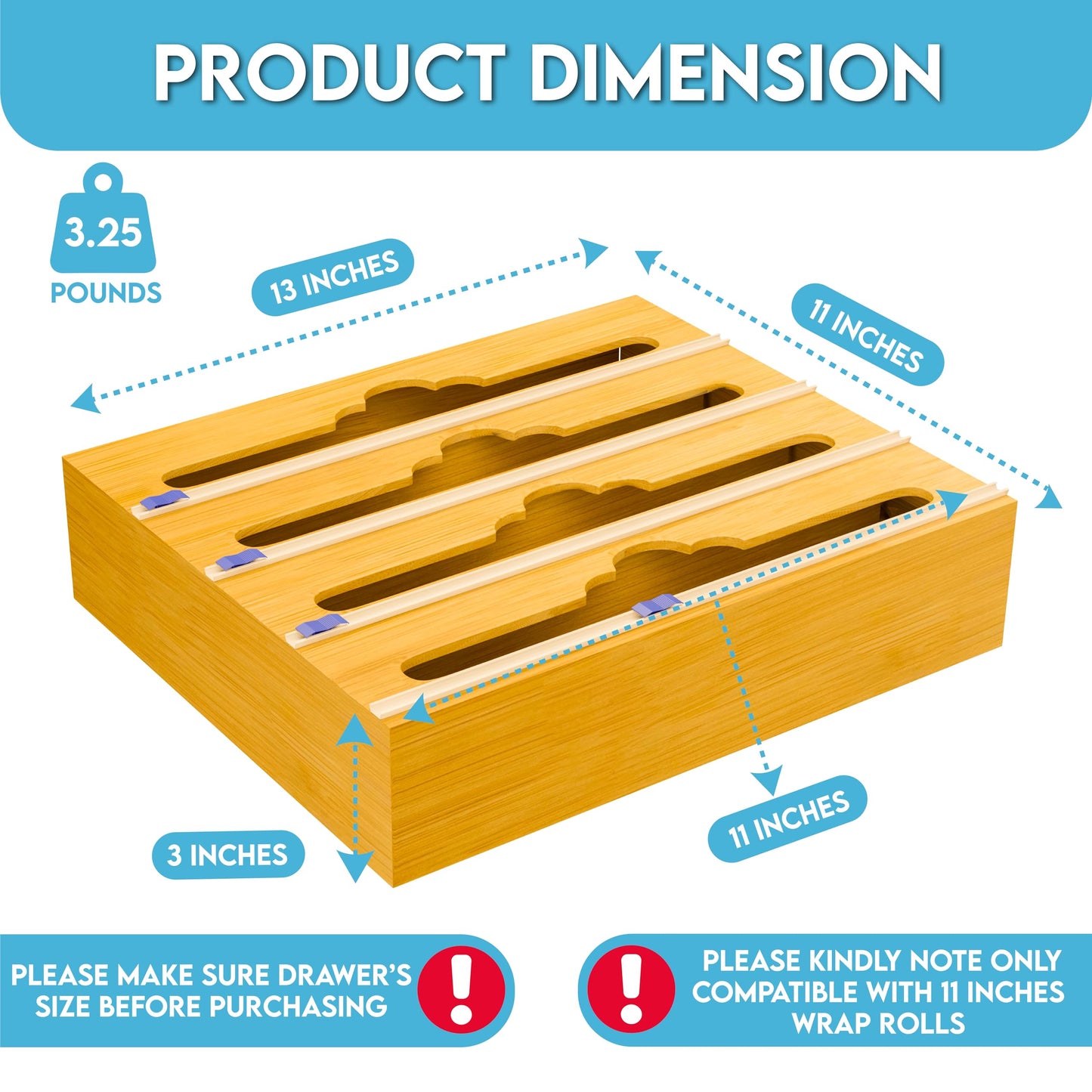 Bamboo Aluminum Foil Organizer & Plastic Wrap Dispenser with Cutter - 4 in 1 Parchment, Wax Paper & Saran Wrap Holder - Tin Foil Food Wrap Organizer for Kitchen Drawer, Countertop & Pantry - 11" Rolls