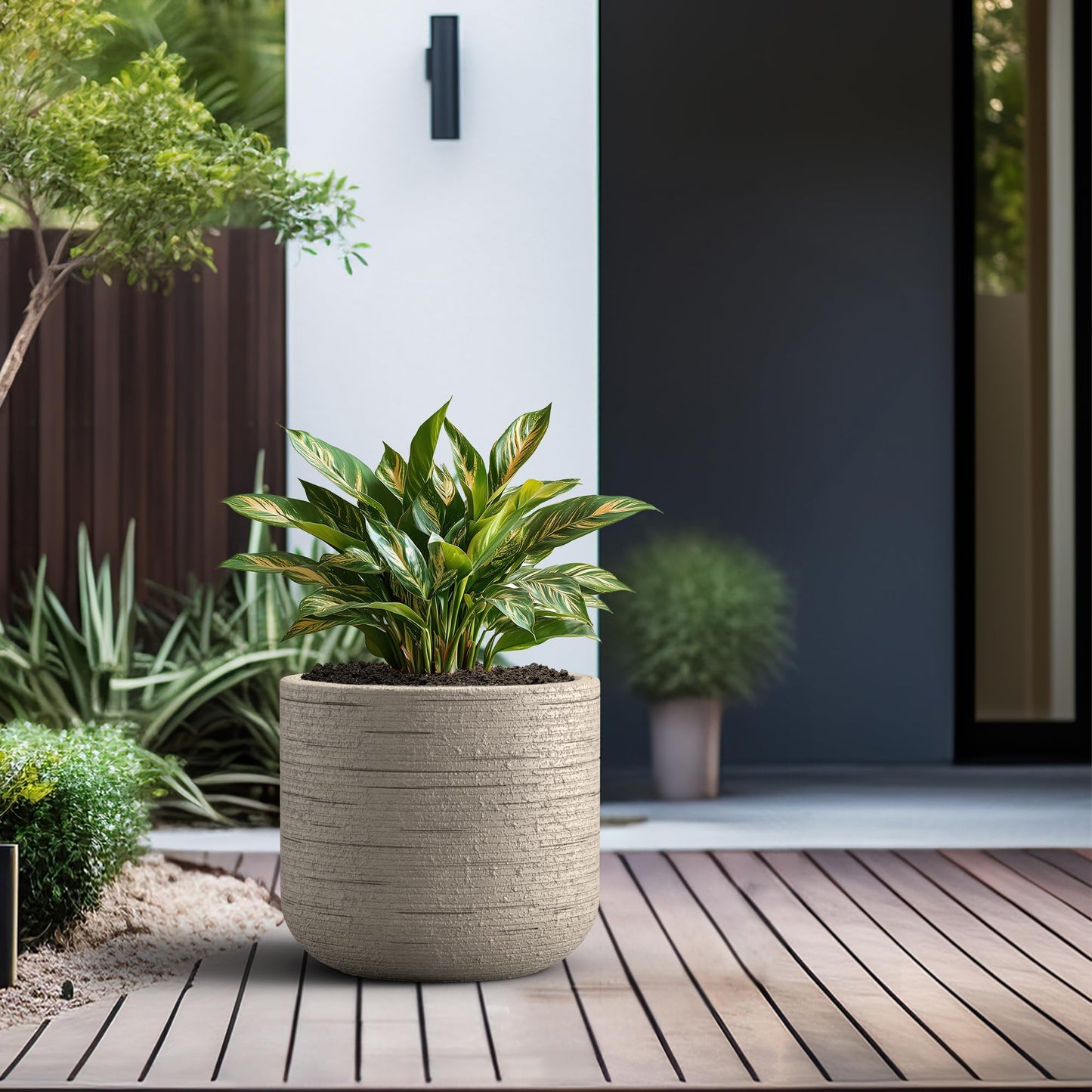 Kante 17.3 Inch Dia Cylindrical Planter with Organic Texture, Large Round Plant Pot with Drainage Hole, Weathered Concrete Finish with Painted Interior, Ideal for Succulent, Flowers, Trees, Shrubs