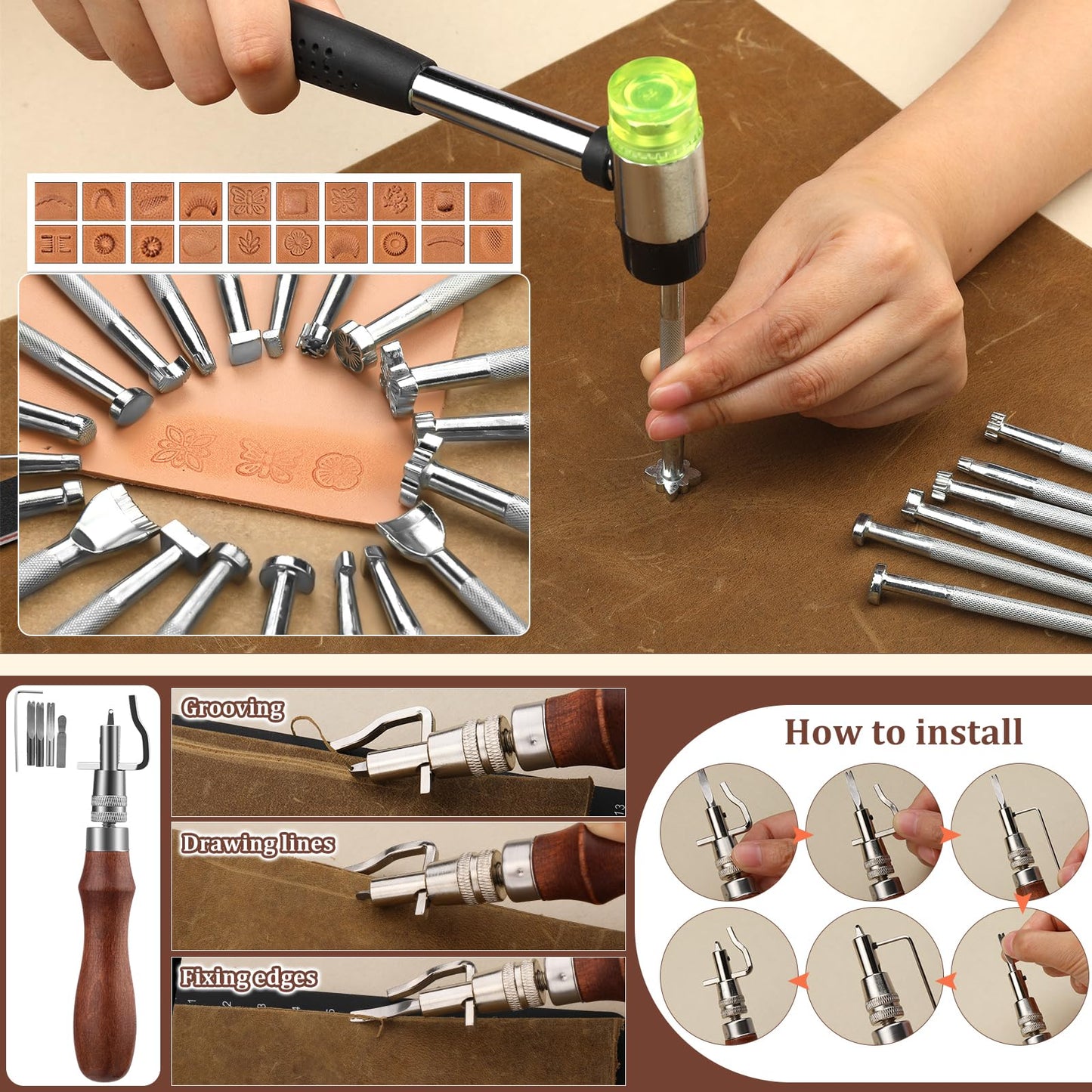 QMNNMA 102PCS Leather Working Tools Leather Crafting Kit with Custom Storage Bag, Stamping Tools for Sewing, Carving, Cutting, Punching, Stamping