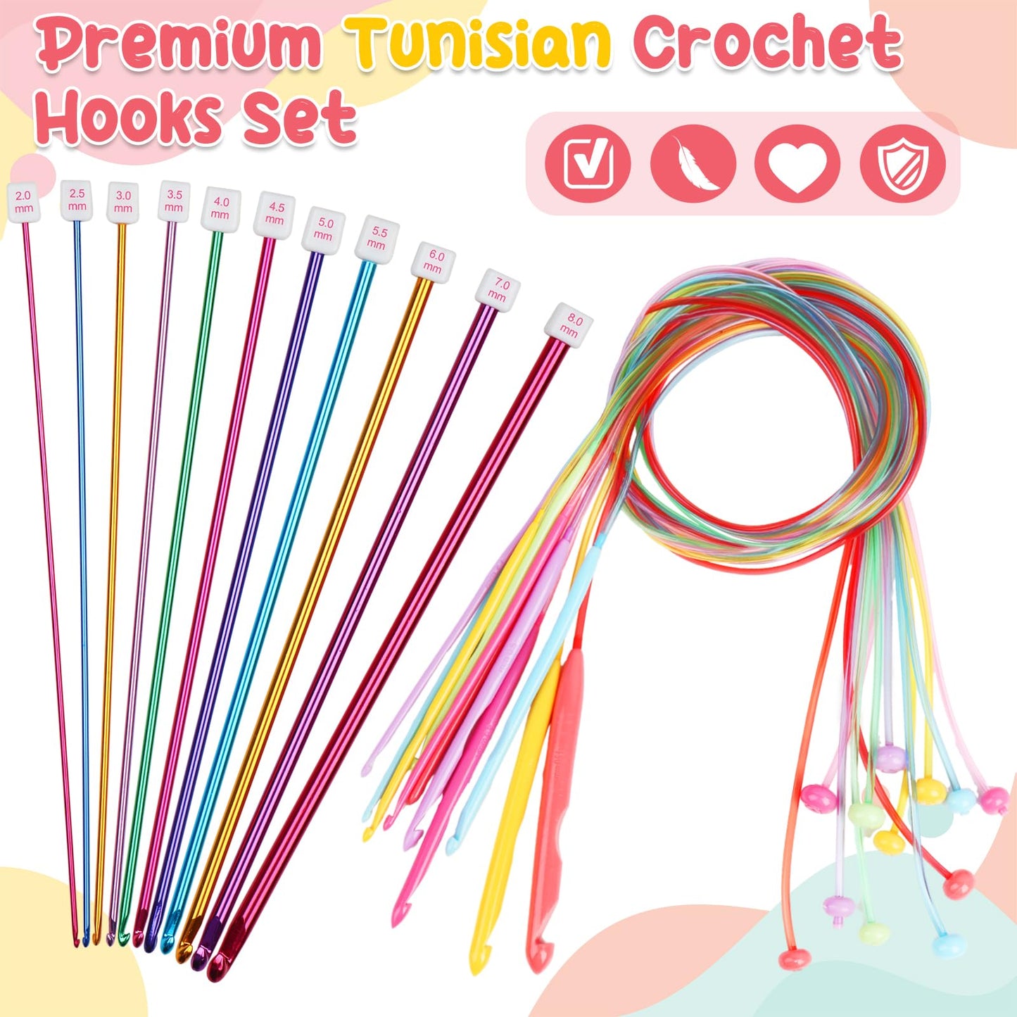 Aeelike Tunisian Crochet Hooks Set with Cable, 11PCS Tunisian Crochet Hook 2-8 mm Aluminum 12 PCS Colorful Afghan Crochet Hooks 3.5-12 mm, Smooth Long Tunisian Crochet Hook with Cable for Beginner