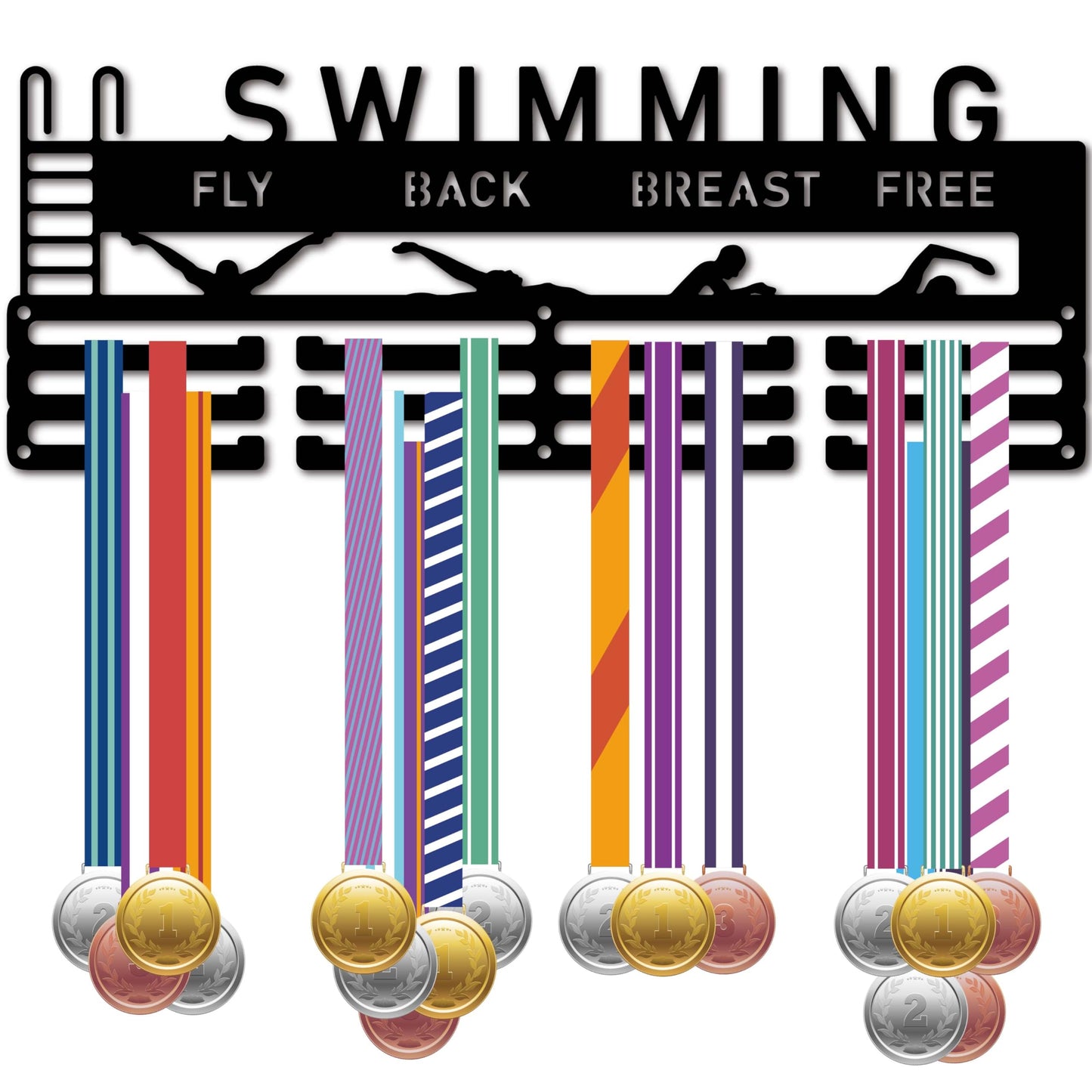CREATCABIN Swimming Medal Holder Hanger Black Metal Iron Medal Rack Organizer Medal Stand Frame Hanging Over 60 Medals Wall Mounted Hanger for Dancer Ballet Runner 15.7 x 6Inch-Fly Back Breast Free