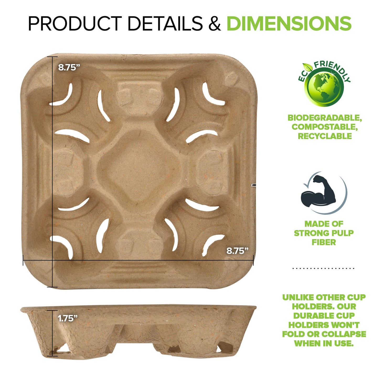 4 Cup Disposable Coffee Tray (75 Count), Commercially Compostable Cup Holder, Durable Drink Carrier for Hot or Cold Drinks, to Go Coffee Cup Holder for Food Delivery Service