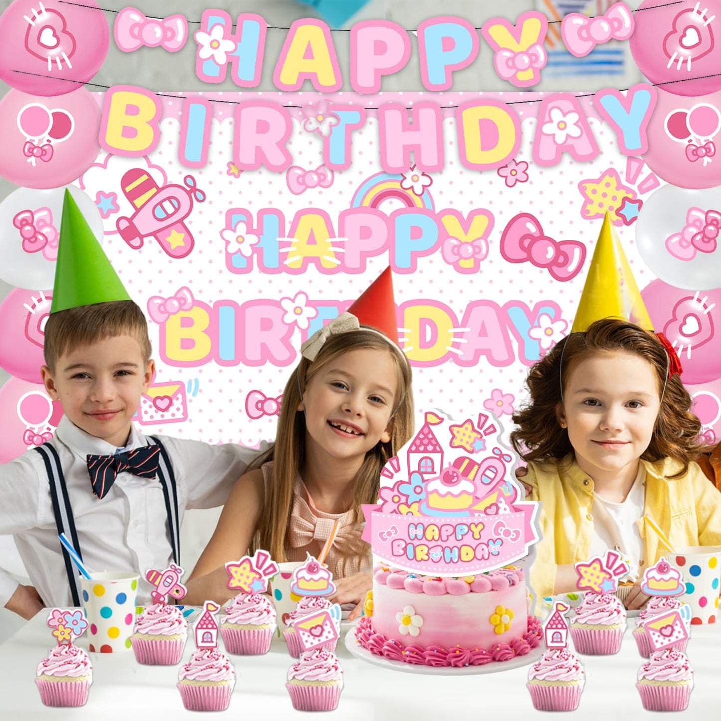 42Pack Kitty cat Party decoration pack include Banner,Cake Toppers,Balloons，Blackdrop for Kitty Birthdday Party Decoration