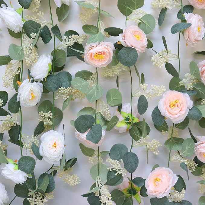 MAKHOT 2Pack White 6.6Ft Artificial Eucalyptus Garland with Flowers, Fake Rose Gypsophila Vine Rose Garlands Decor, Floral Flower Greenery Garland for Wedding Home Table Decor (White)