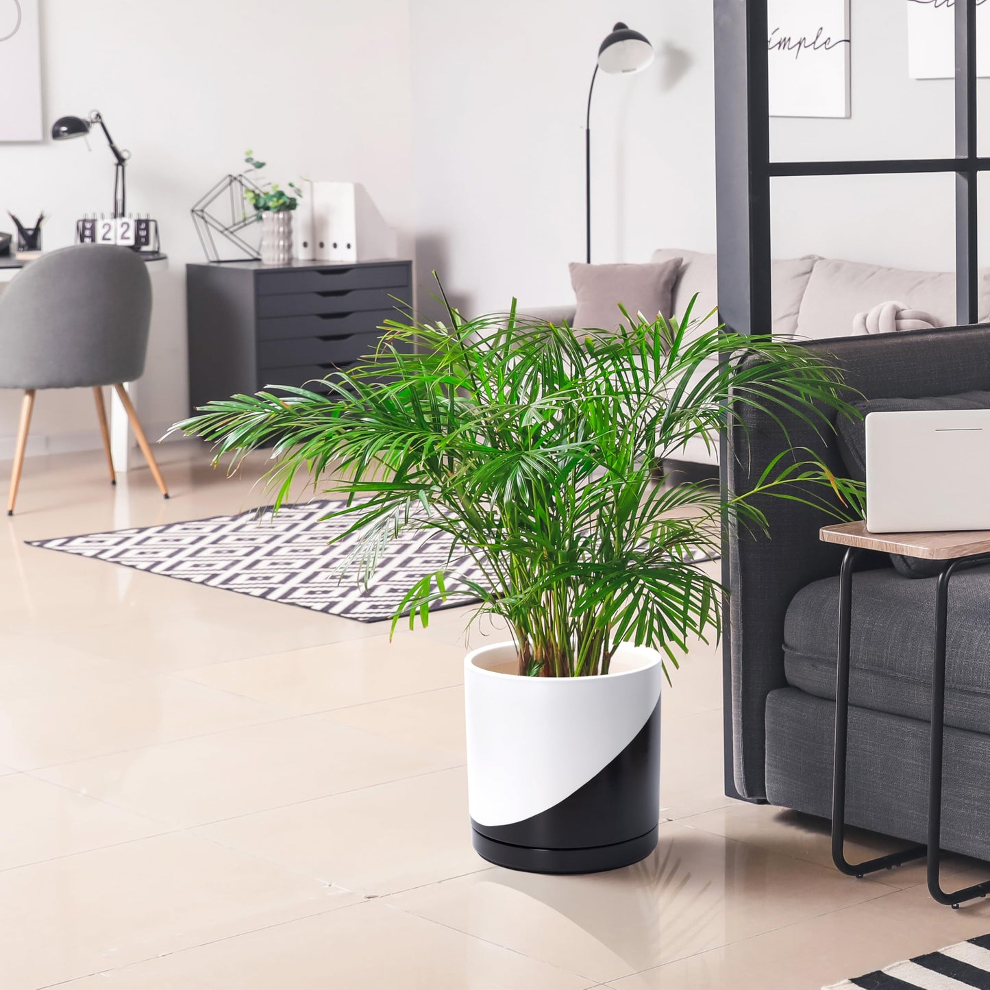 D'vine Dev 12 Inch Ceramic Planter Pot with Drainage Hole and Saucer, Indoor Cylinder Round Planter Pot, Oblique Monochrome Black and White, 94-O-F-K