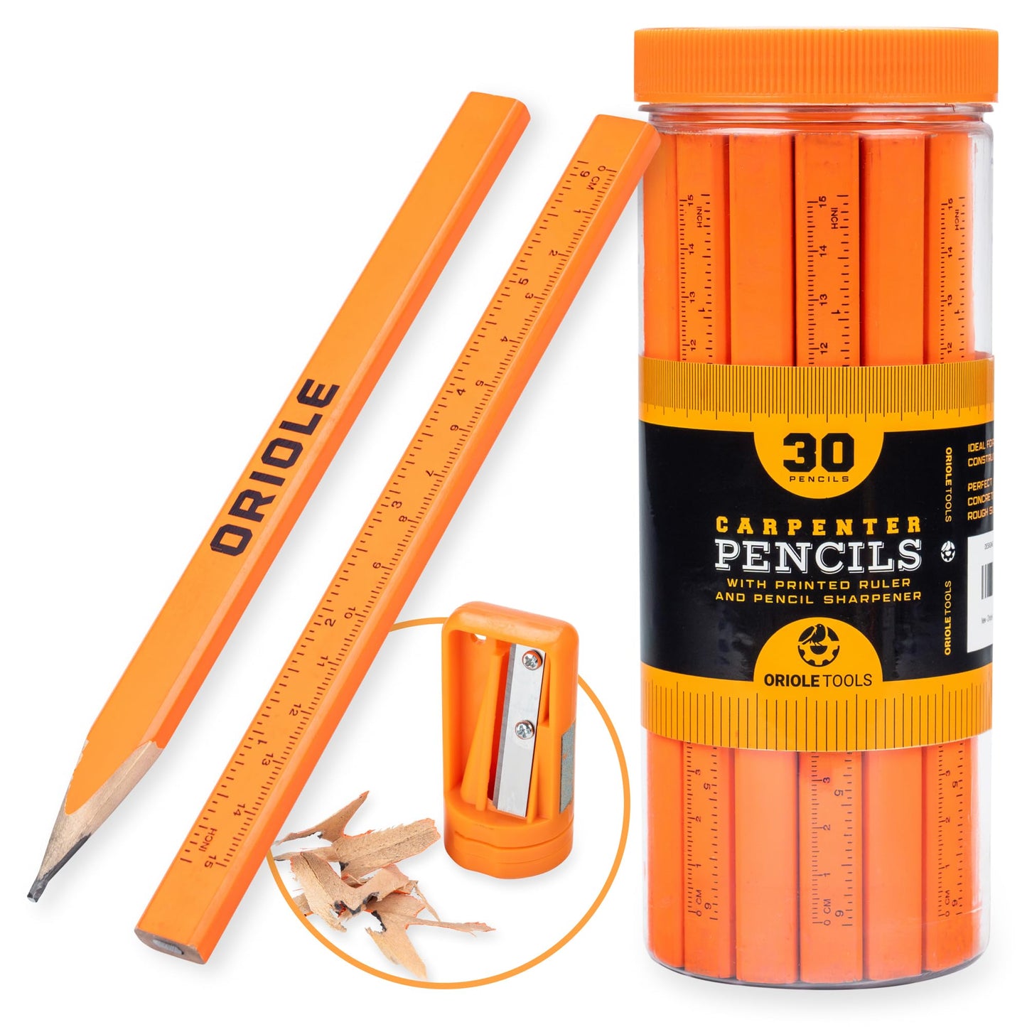Carpenter Pencils Set with Ruler, 30-Pack of Flat Construction Pencil Bulk Kit by Oriole. Includes Sharpener Carpentry Pencil for Contractors, Framing, Custom Projects & Woodworking.