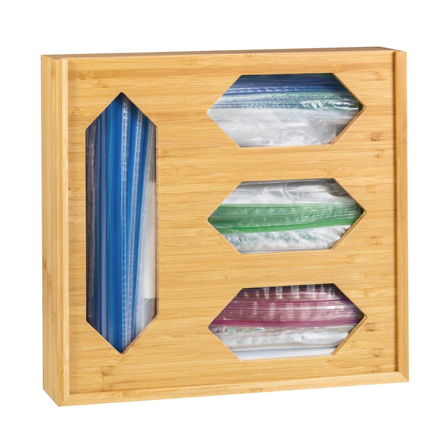 EZICOZI Durable Storage Solution with Kitchen Drawer Organizer - Durable Bamboo Material, 4 Storage Compartments, For Ziplock Gallon, Snack, Sandwich, and Quart Bags, Complete with Label Stickers