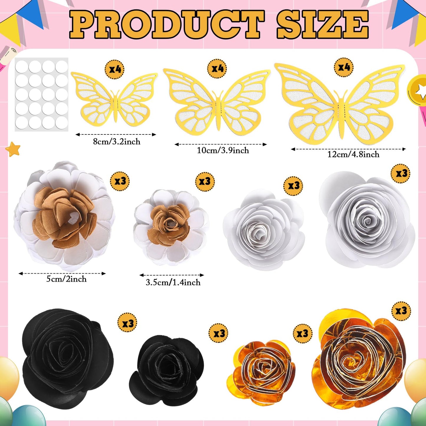 Dinifee 36 Pcs DIY Graduation Cap Decorations Accessory Kit Include Faux Paper Flower Heads 3D Butterfly Grad Cap Mini Paper Flowers Decorations for Grad Cap Topper DIY Graduation Gift(Black, Gold)