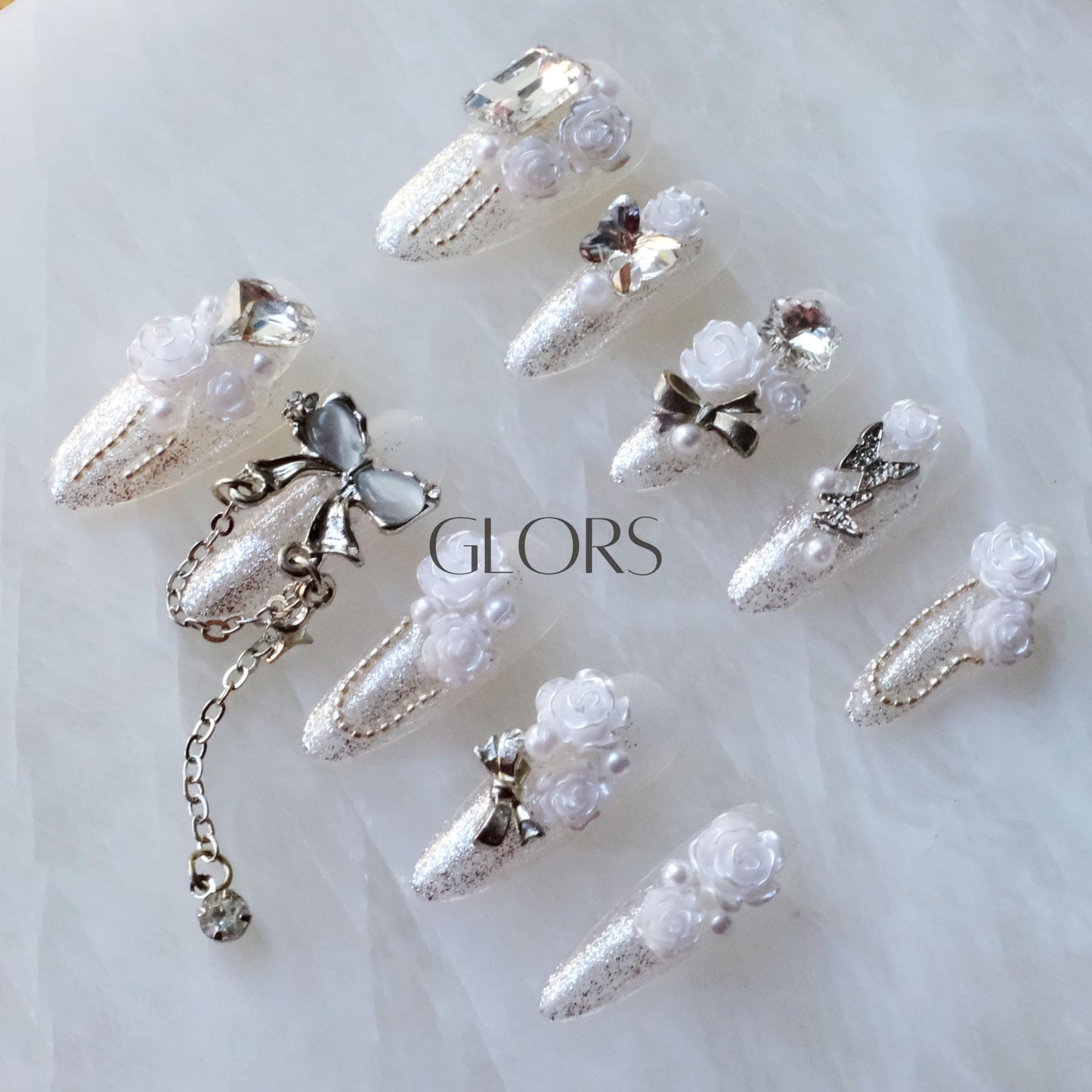 GLORS Luxury Long Almond Press-On Nails, 3D White Roses with Silver Glitter, Pearl and Rhinestone Decorations, Handmade False Nail 10 Pieces (Small, LS)