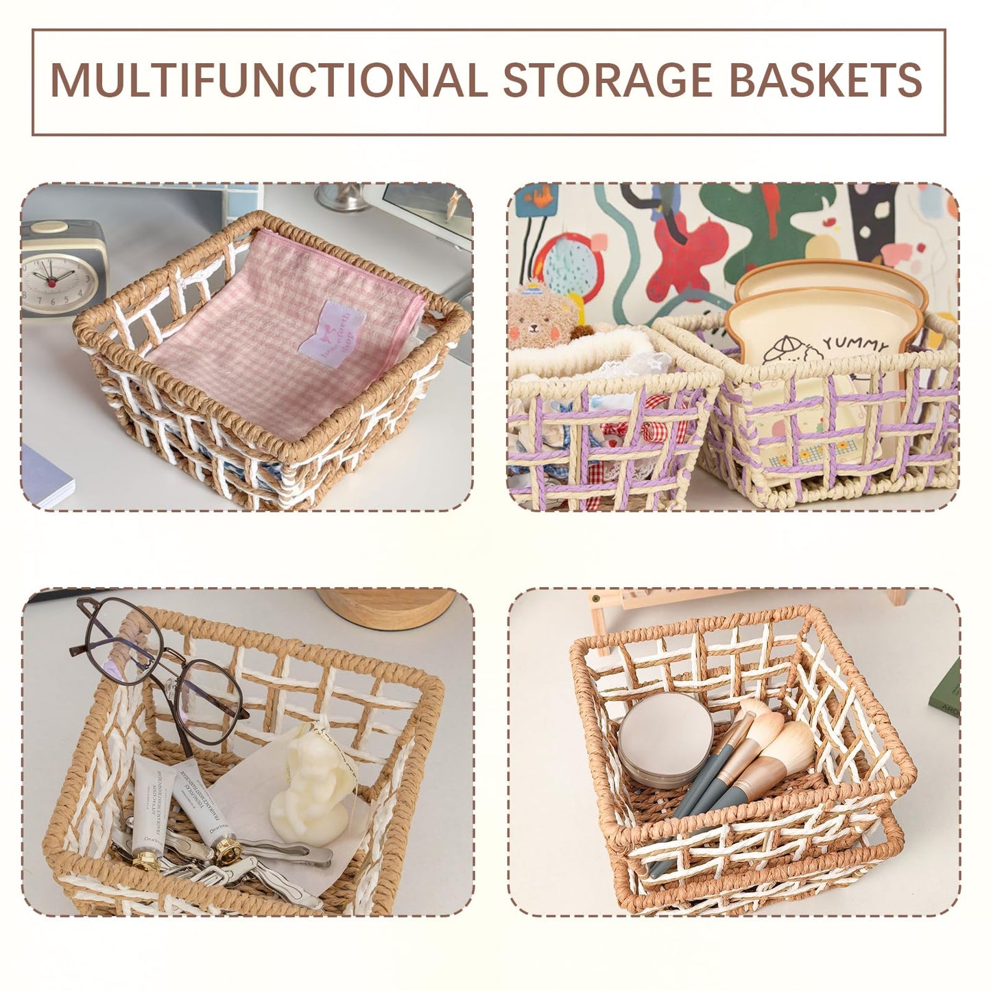 Woven Storage Basket, Rustic Farmhouse Decor, Multi-Purpose Organizer Bin, Countertop & Toilet Tank Basket for Home, Bedroom, Living Room, Entryway (Purple and Beige)