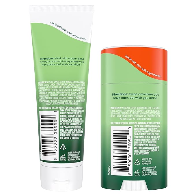 Lume Whole Body Deodorant - Invisible Cream Tube and Solid Stick - 72 Hour Odor Control - Aluminum Free, Baking Soda Free, Skin Loving - 3.0 Ounce Tube and 2.6 Ounce Solid Stick Bundle (Fresh Alpine)