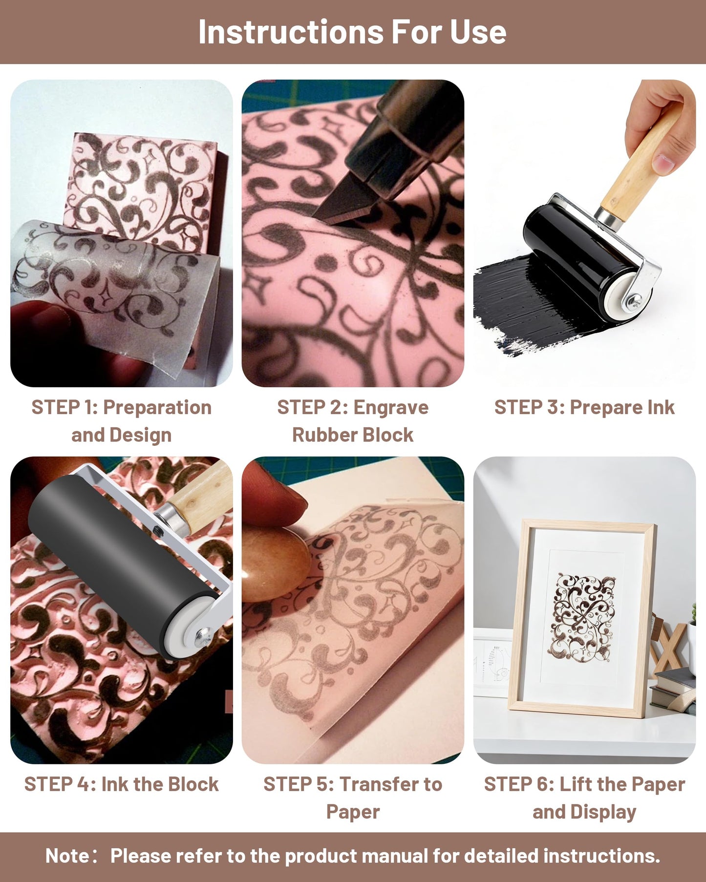 Linocut Tools Kit, Block Printing Kit, Stamp Carving Kit with 5 Soft Rubber Linoleum Blocks 4" x 6", Lino Cutting Tools, Brayer, 20 Transfer Papers, Carving Knife with 6 Blades