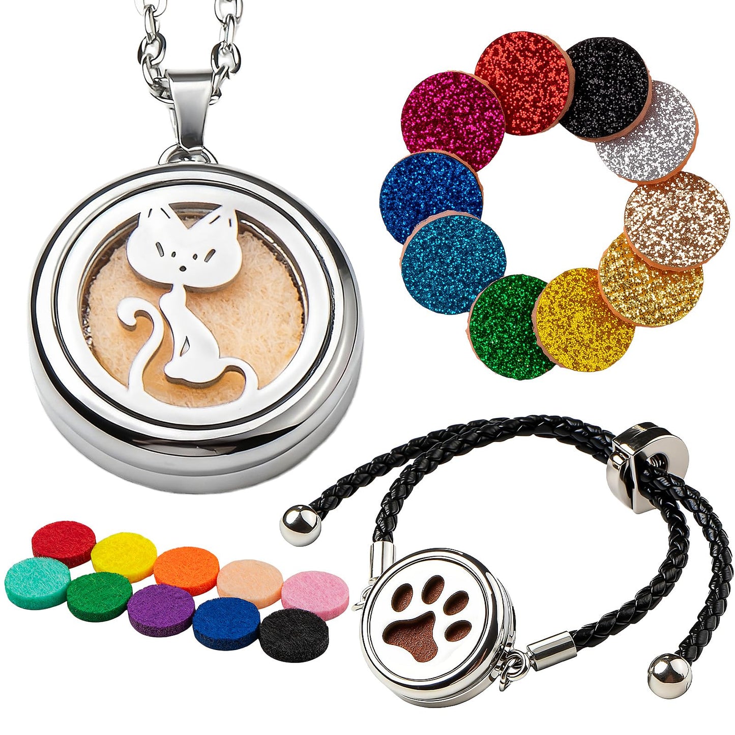 Essential Oil Diffuser Necklace & Bracelet Set for Women Gift 2pcs, Cat Aroma Locket Necklace + Pawprint Diffuser Bracelet Adjustable with 20 Refill Pads, Gifts for Wife, Girlfriend, Friend, Sister