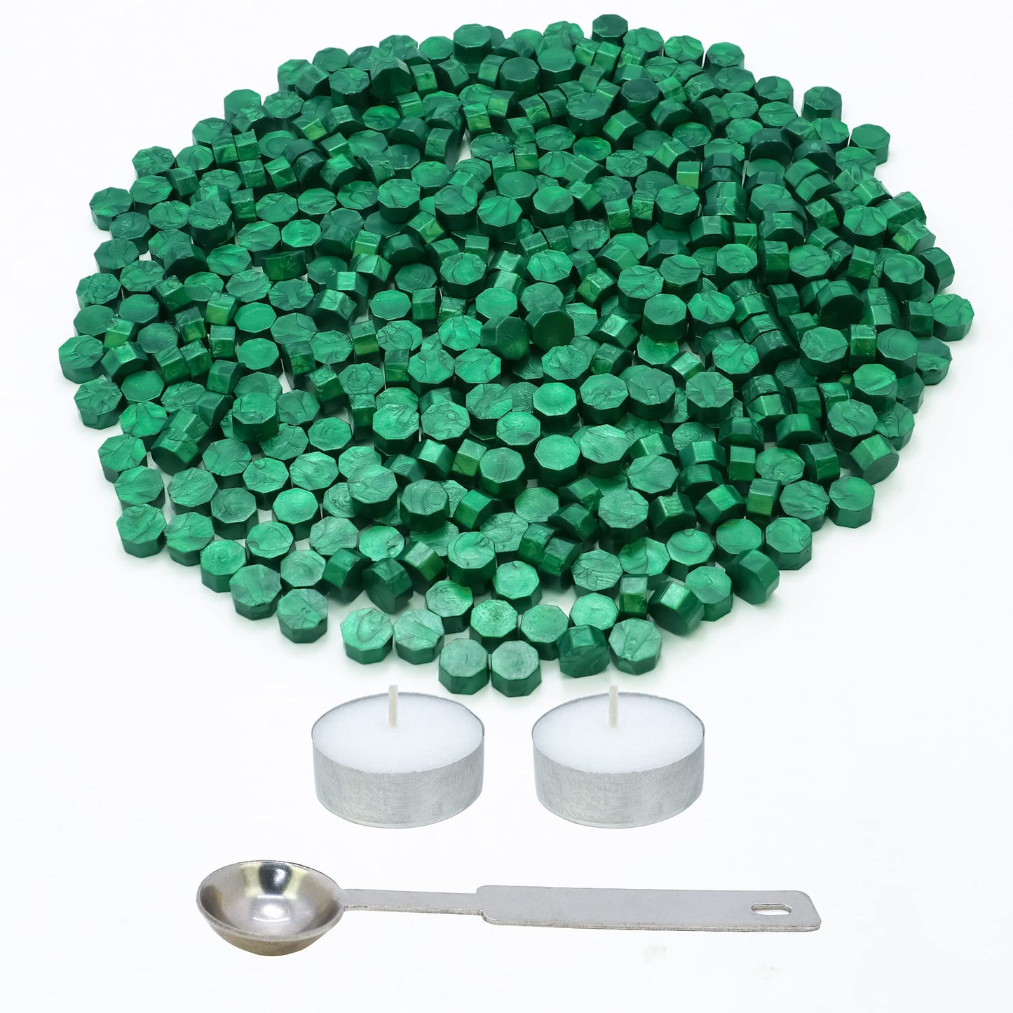 SWANGSA 360 Pieces Metallic Green Sealing Wax Beads Kit with 2 Pieces Tea Candles and 1 Piece Wax Melting Spoon for Wax Seal Stamp (Metallic Green)