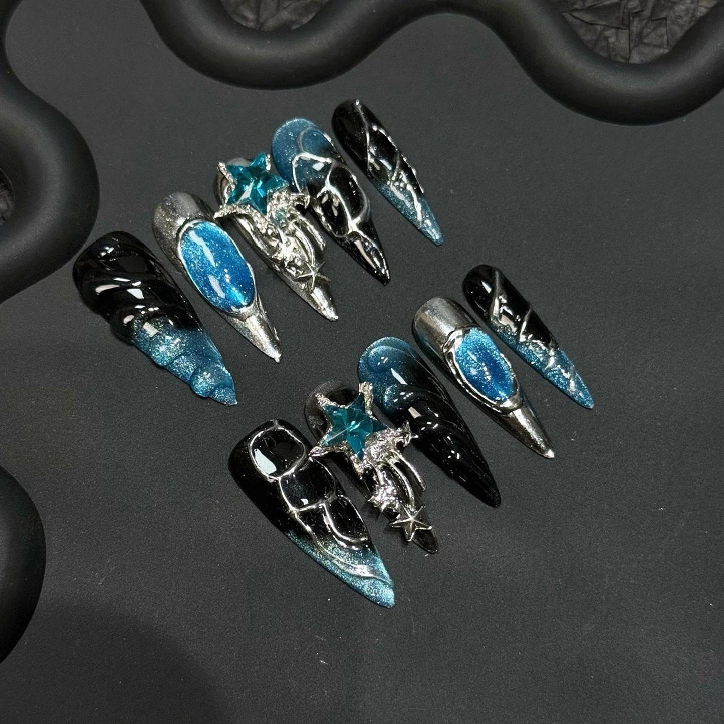 Handmade 3D Dark Sci-Fi Ocean Star Stiletto Press On Nails, Blue Black Gradient Rhinestone Artisan Nails Set, Reusable Glossy Press-ons with Tool Kit(M)