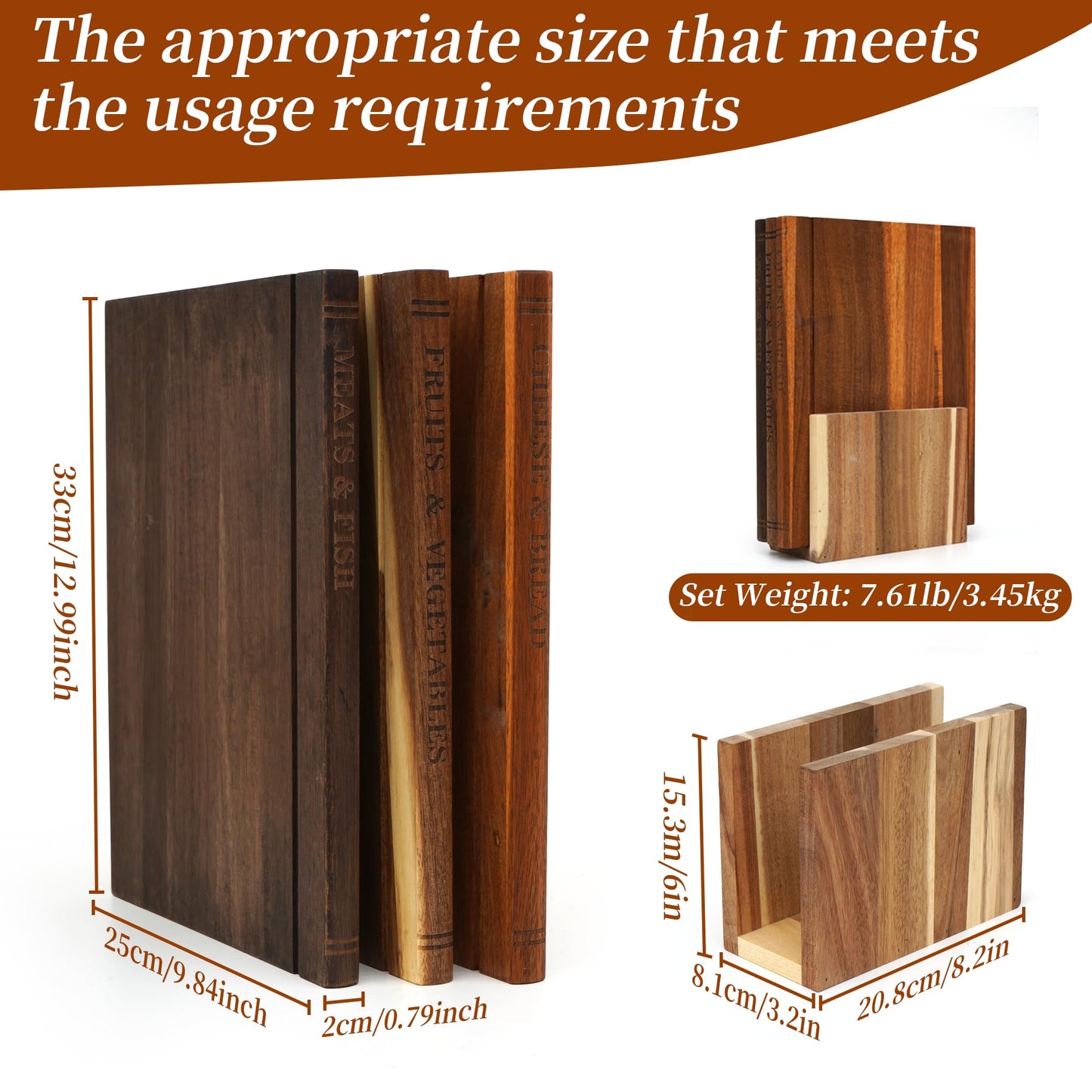 Book Cutting Board Set with Stand, Solid Acacia Book Shaped Cutting Board, 3pcs Bookshelf Cutting Board for Classify the food, Decorative Library Cutting Boards Set, Unique Gift for Book Lovers/Chefs