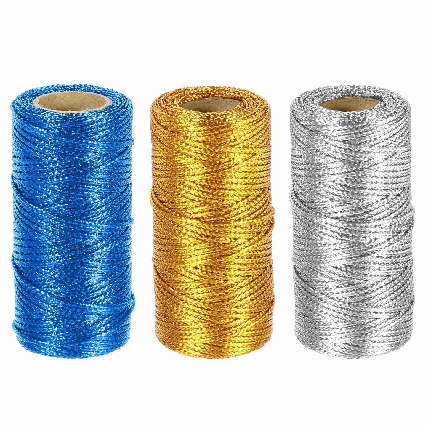 HARFINGTON 3 Roll 1.5mm Metallic String, 16 Ply Decorative Metallic Bakers Twine Thread Cord Rope for Gift Wrapping DIY Crafts Making Decor, Gold Tone/Silver Tone/Blue, 164Yards Total