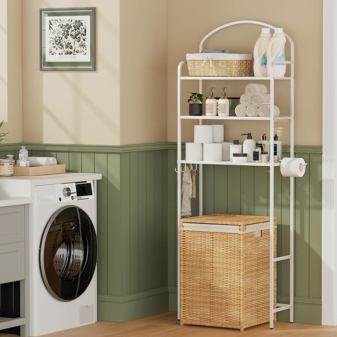 3-Tier Over The Toilet Storage, Bathroom Organizer, Space-Saving, Above Toilet Storage Rack with 4 Hooks and Paper Holder, Metal Shelf, White