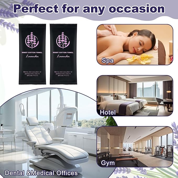 Moist Cotton Towel Bulk Moist Towelettes Individually Wrapped,White Towel Services,Refreshment Pre Moistened Towels for Dentist Travel Sport Party Hotel （Lavender,100)