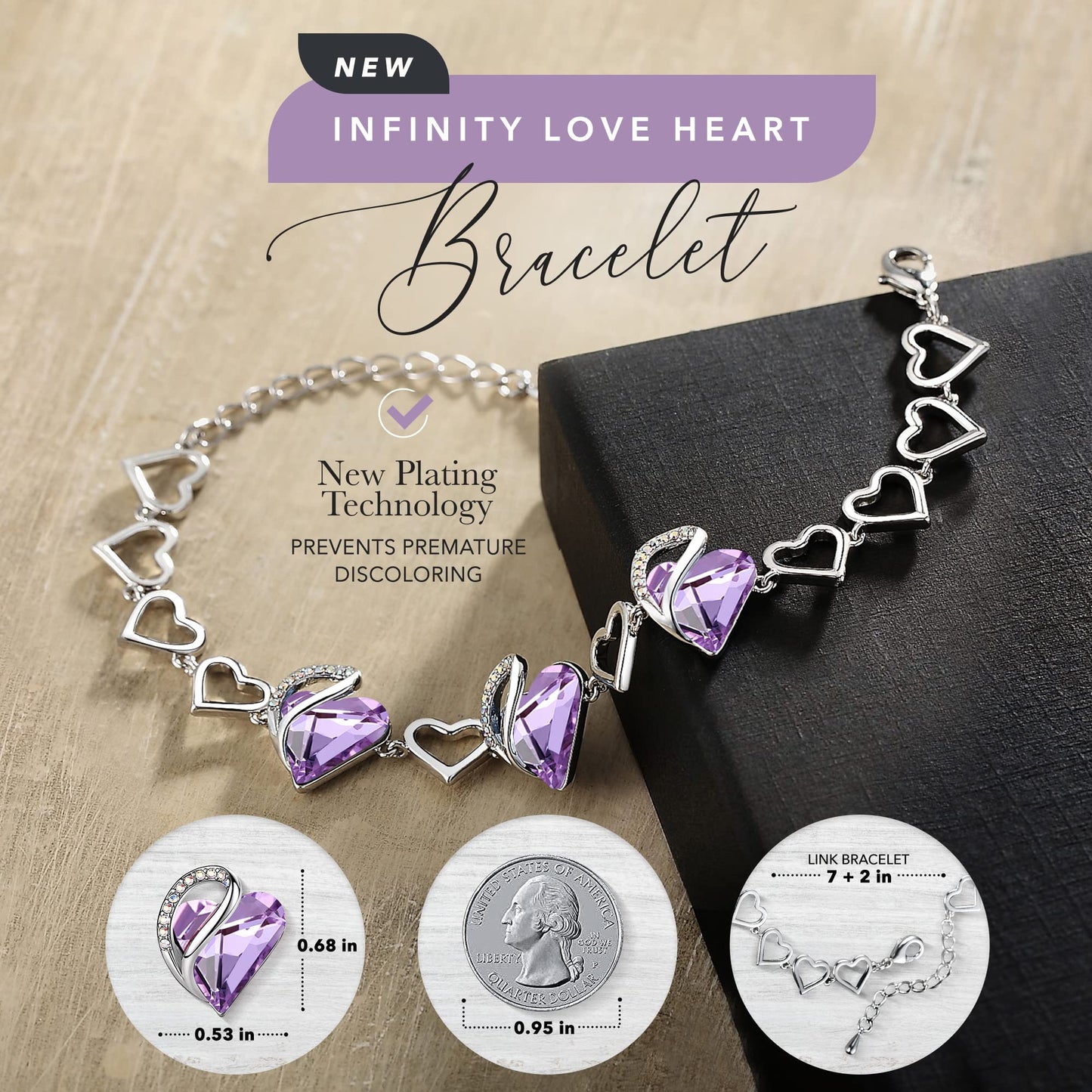 Leafael Mothers Day Gifts Infinity Love Heart Bracelet for Women,June Birthstone Crystal, Alexandrite Light Purple, Silver Tone Adjustable Chain