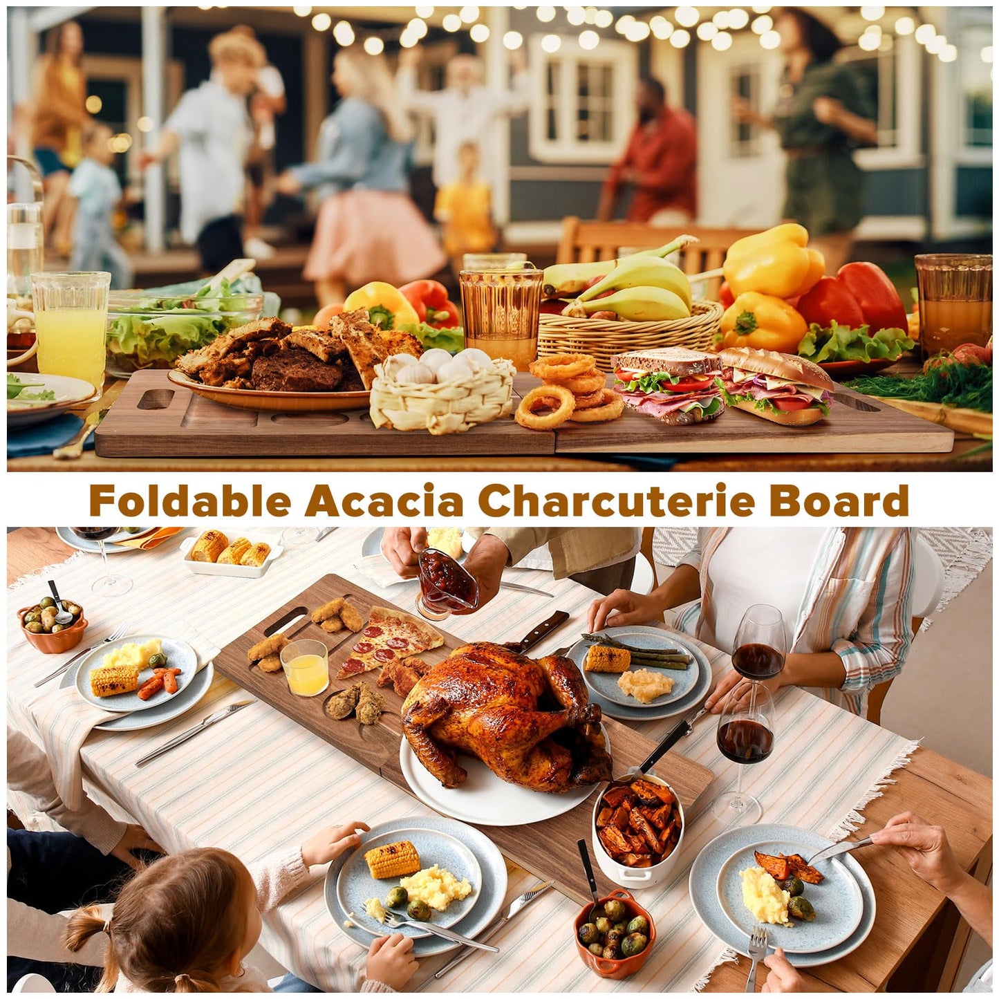 Large Acacia Wood Charcuterie Boards with Containers，33×12Inch Foldable Serving Tray for Kitchen Serving Tray Dessert Fruit Charcuterie Party