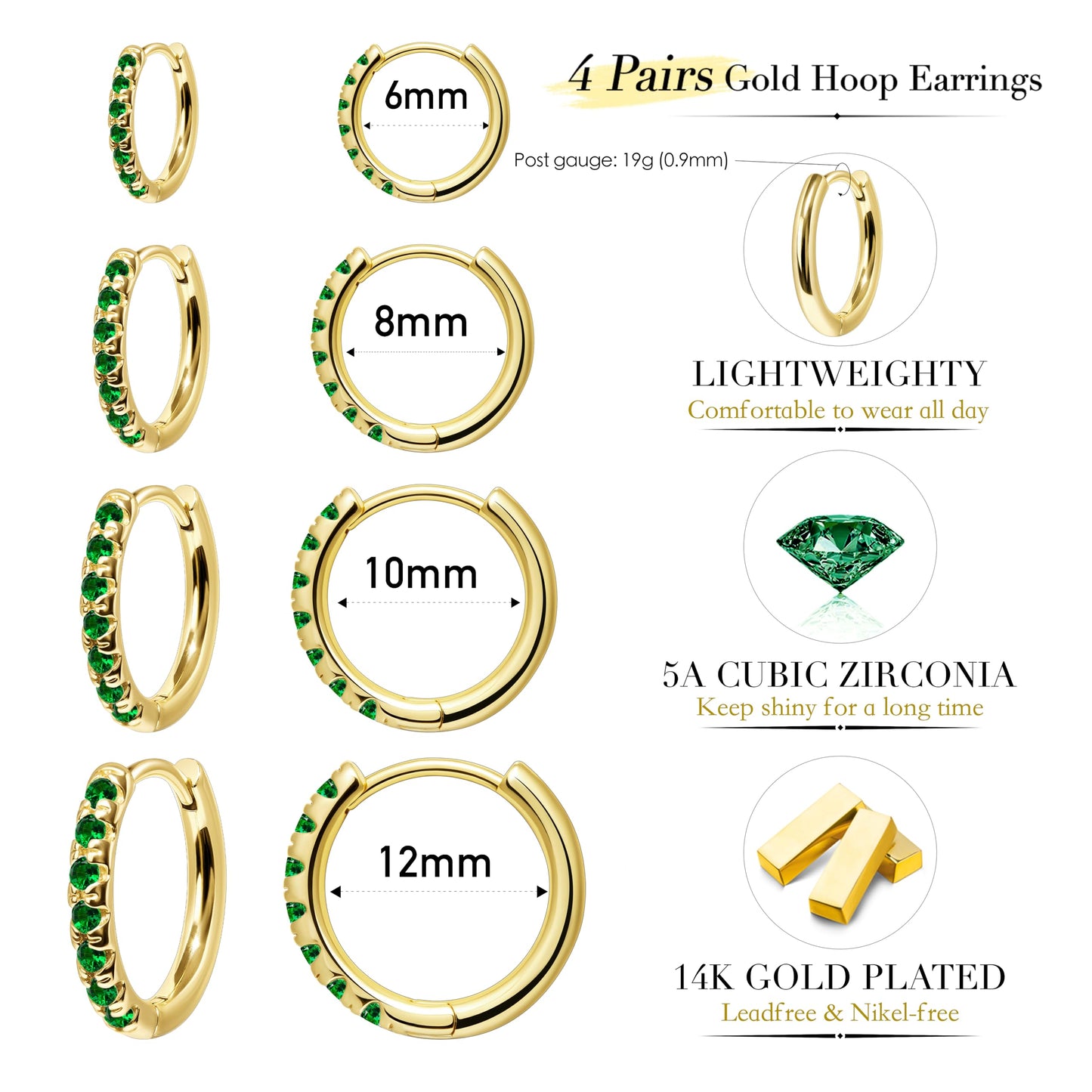St Patrick's Day Earrings Gold Green Earrings Set for Women, Small Huggie Hoop Stack Cartilage Earring for Multiple Piercing,Green Clip On Jewelry for Women