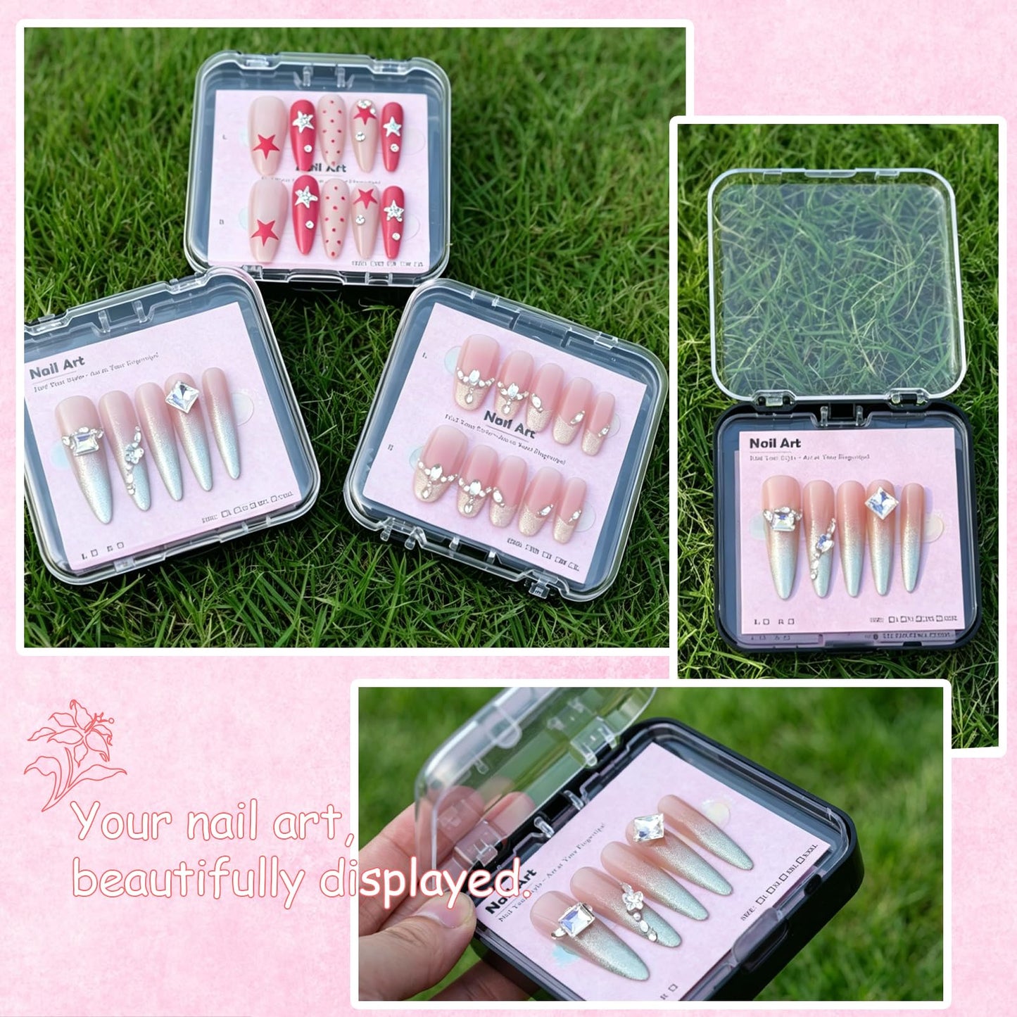 12pcs Press On Nail Packaging Box with 40pcs Nail Display Cards and 120pcs Adhesive Double Sided Tape,Nail Box Organizer Case Acrylic for Nail Salon Small Business(Black, 12pcs)