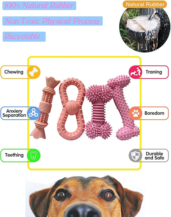 Cdyzqikm 4 Pack Teething Toys Dog Durable Chew Toys Soft Rubber Toy Dog Teeth Cleaning Toothbrush Toy Cute Interactive Toys for Medium Large Breed(Medium,Pink)