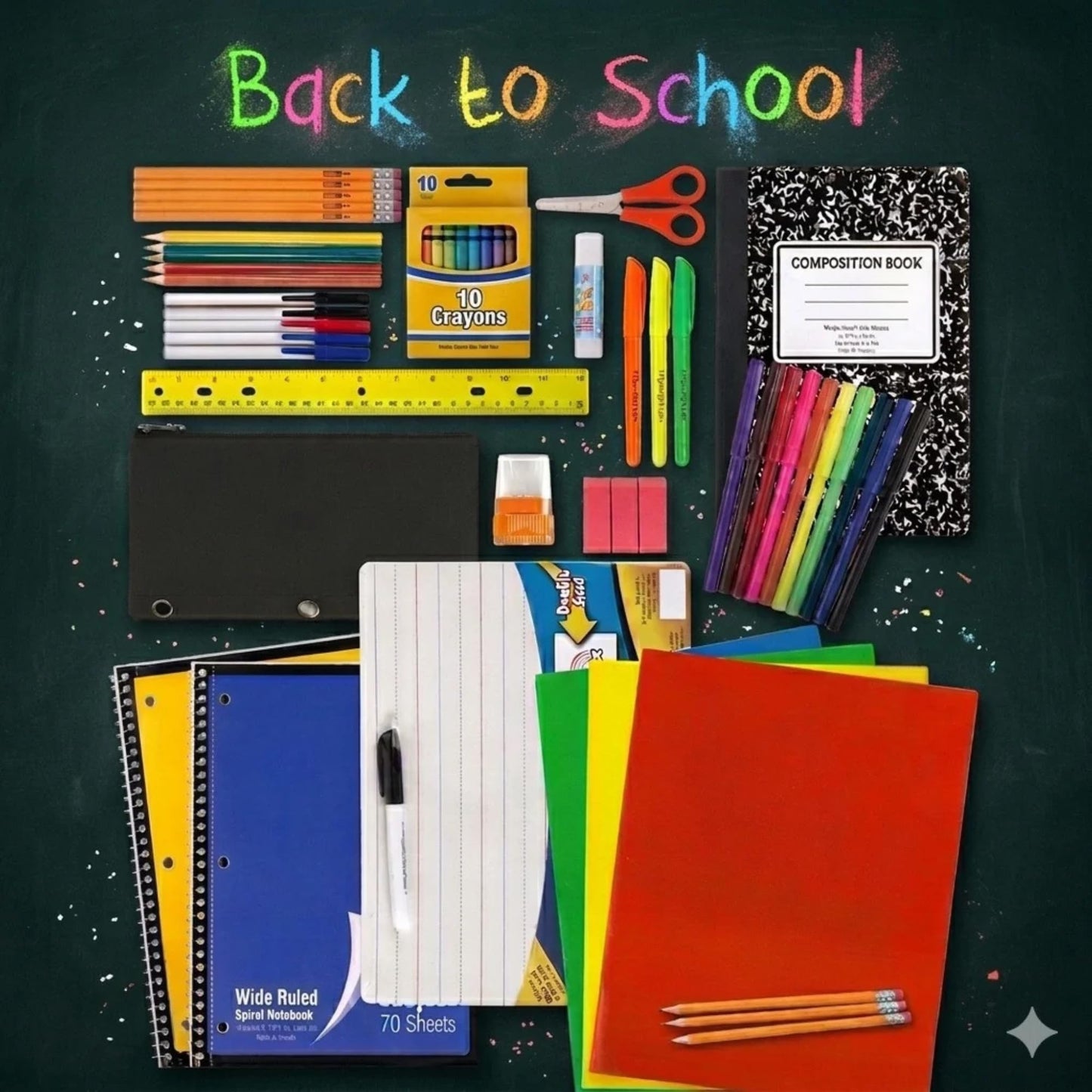 Bebbet 53-Piece School Supplies Kit – Back to School Essentials Set with Folders, Notebooks, Pencils, Pens, Markers, Crayons, Scissors, Ruler & Dry Erase Board for Elementary, Middle & High School