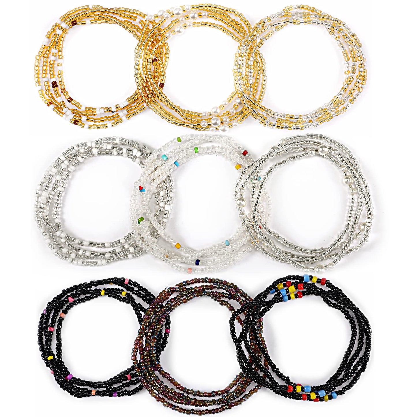 Kigeli 9 Pack Waist Bead Chains for Women Stretchy African Belly Chain Stomach Beads Body Bikini Jewelry (Clear, Black, Gold)