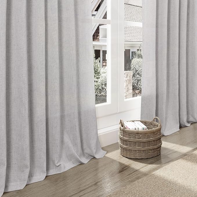Grey Linen Back Tab Curtains 96 Inches Long 2 Panels Set for Living Room Sliding Glass Door Grey Semi Sheer Curtains Light Filtering Canvas Cloth Linen Drapes 96 Inch Floor to Ceiling Length