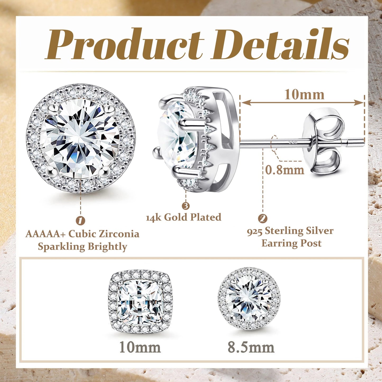 Hayoso 18K Gold Plated Halo Stud Earrings 925 Sterling Silver Cubic Zirconia Stud Earrings Round Square Diamonique Stud Earrings Set for Women Men - Silver