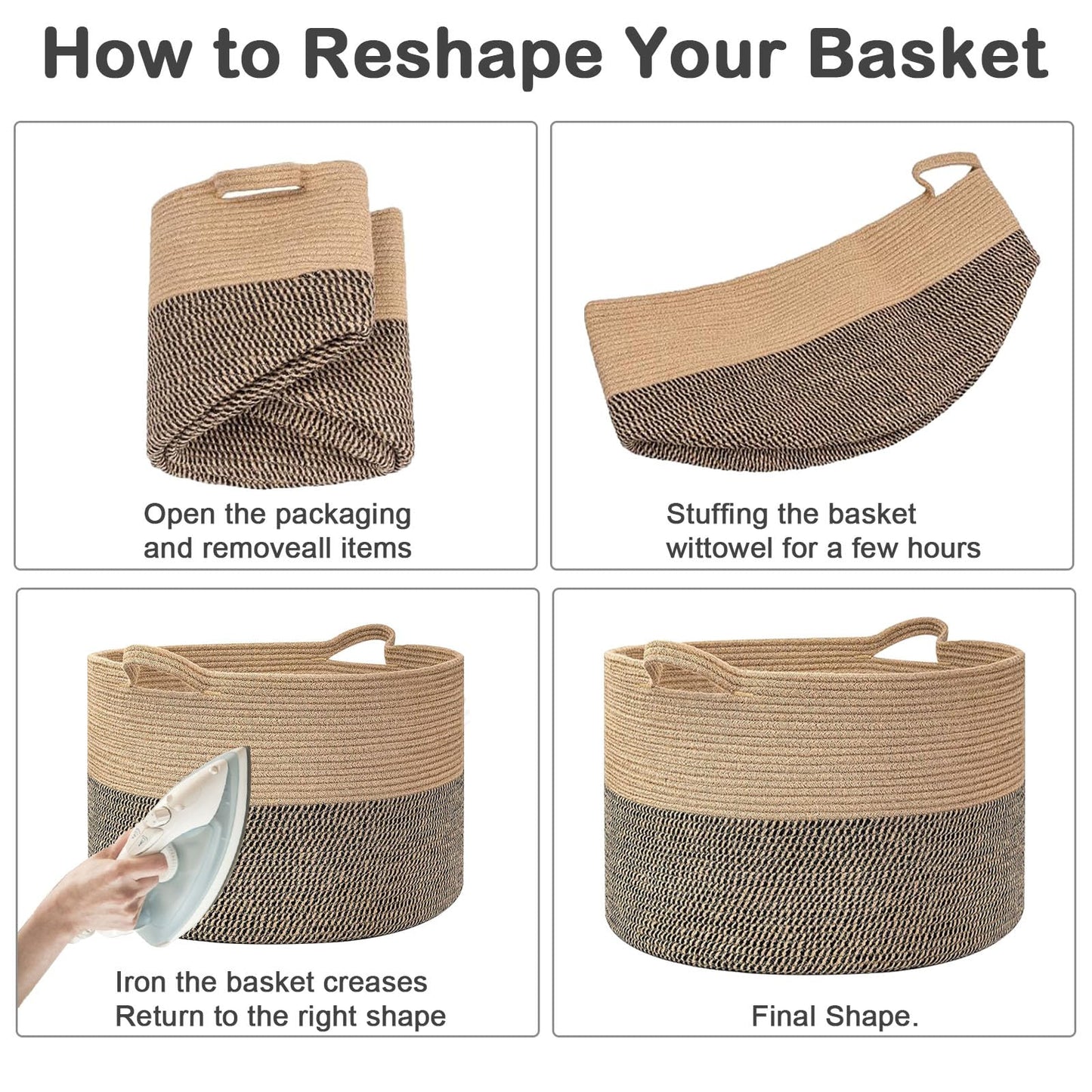 HZFTJOY 115L Extra Large Blanket Basket,Woven Rope Laundry Basket Hamper with Handles, Decorative Nursery Basket Storage Bin for Toys, Clothes Organizer, Living Room, Bedroom, Bathroom, Light Grey