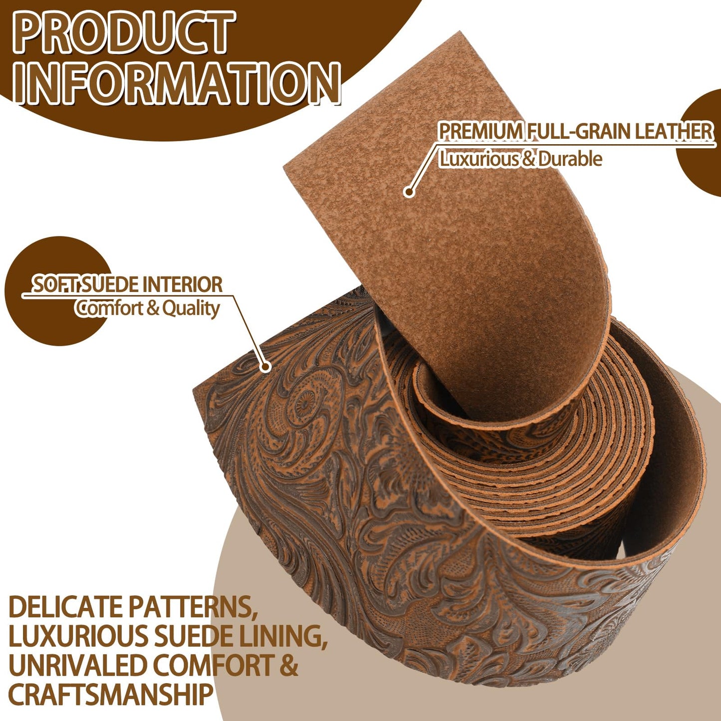 72 Inches Embossed Faux Leather Straps for Crafts 2 Inch Wide Vintage Brown Western Style Bump Texture Flat Full Grain Leather Strips for DIY Crafts Projects Bags, Belt, Garden Tools