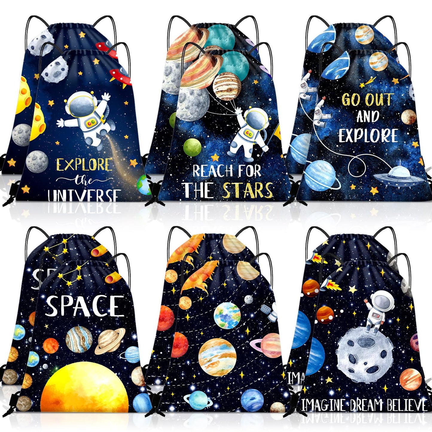 Paterr 12 Pcs Outer Space Party Favors, Astronaut Drawstring Backpack for Kids, Reusable Birthday Astronaut Return Goodie Bags, Galaxy Space Gift Bag for Baby Shower Supplies Candy Treat