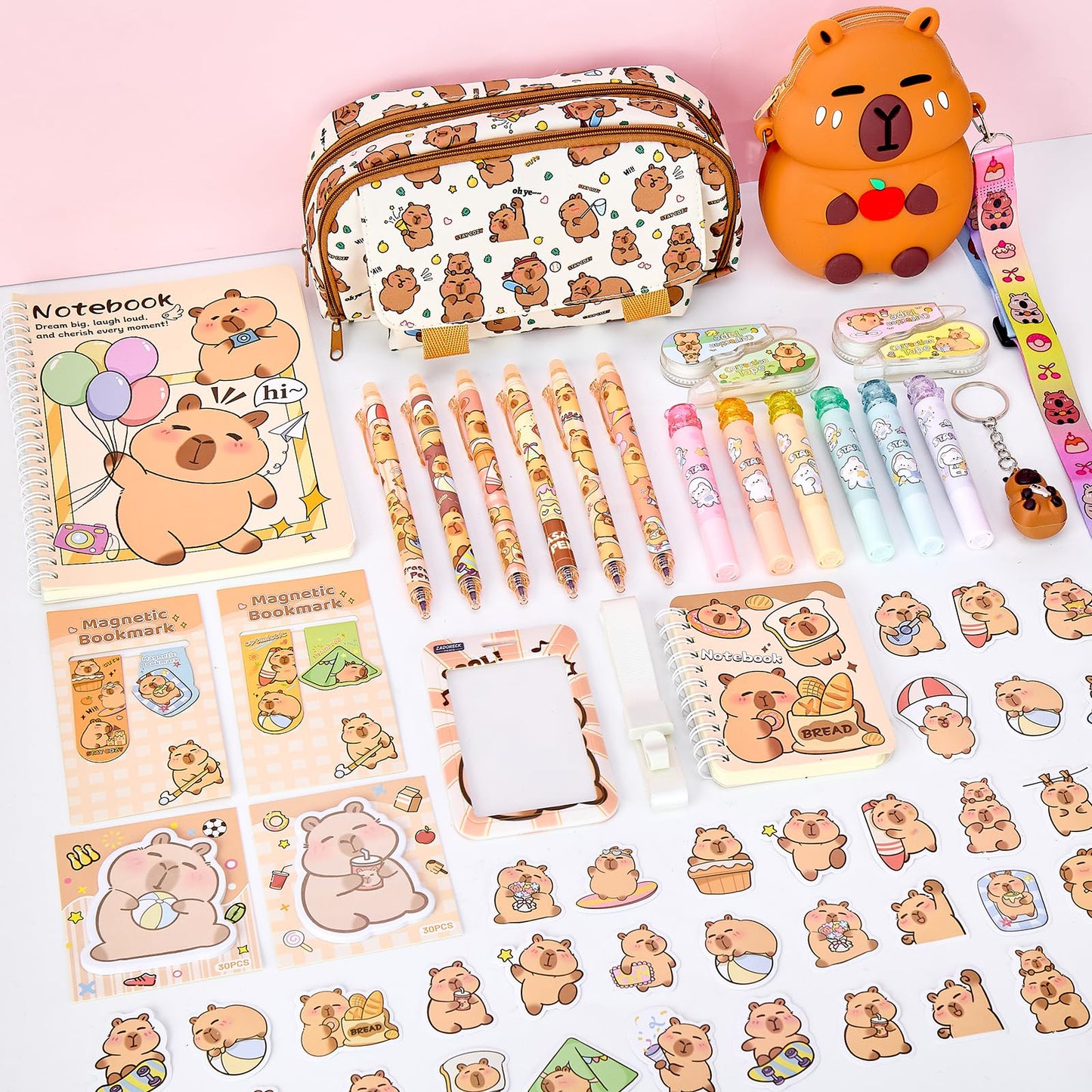 Zadoreck Cute Capybara Stationery Gift Set for Kids,30 Piece Animal Theme School Supplies Kit with Pencil Case,Notebook & Stickers,Practical and Fun for Birthday,Easter& Festivals Gift Girls Boys