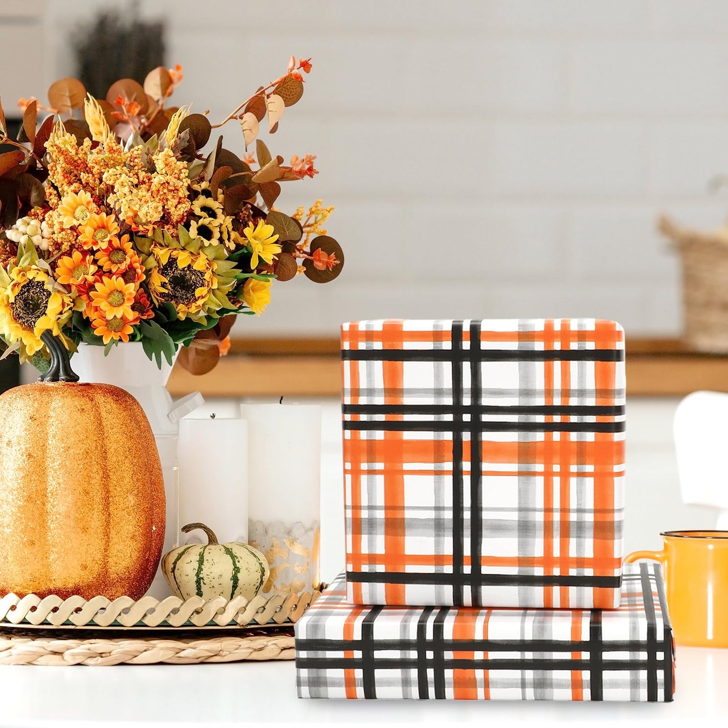 JarThenaAMCS Fall Plaid Wrapping Paper -Mini Roll- 17in x 32.8Ft Orange Black Checkered Gift Wrap Paper for Autumn Thanksgiving Party Wrapping Supplies